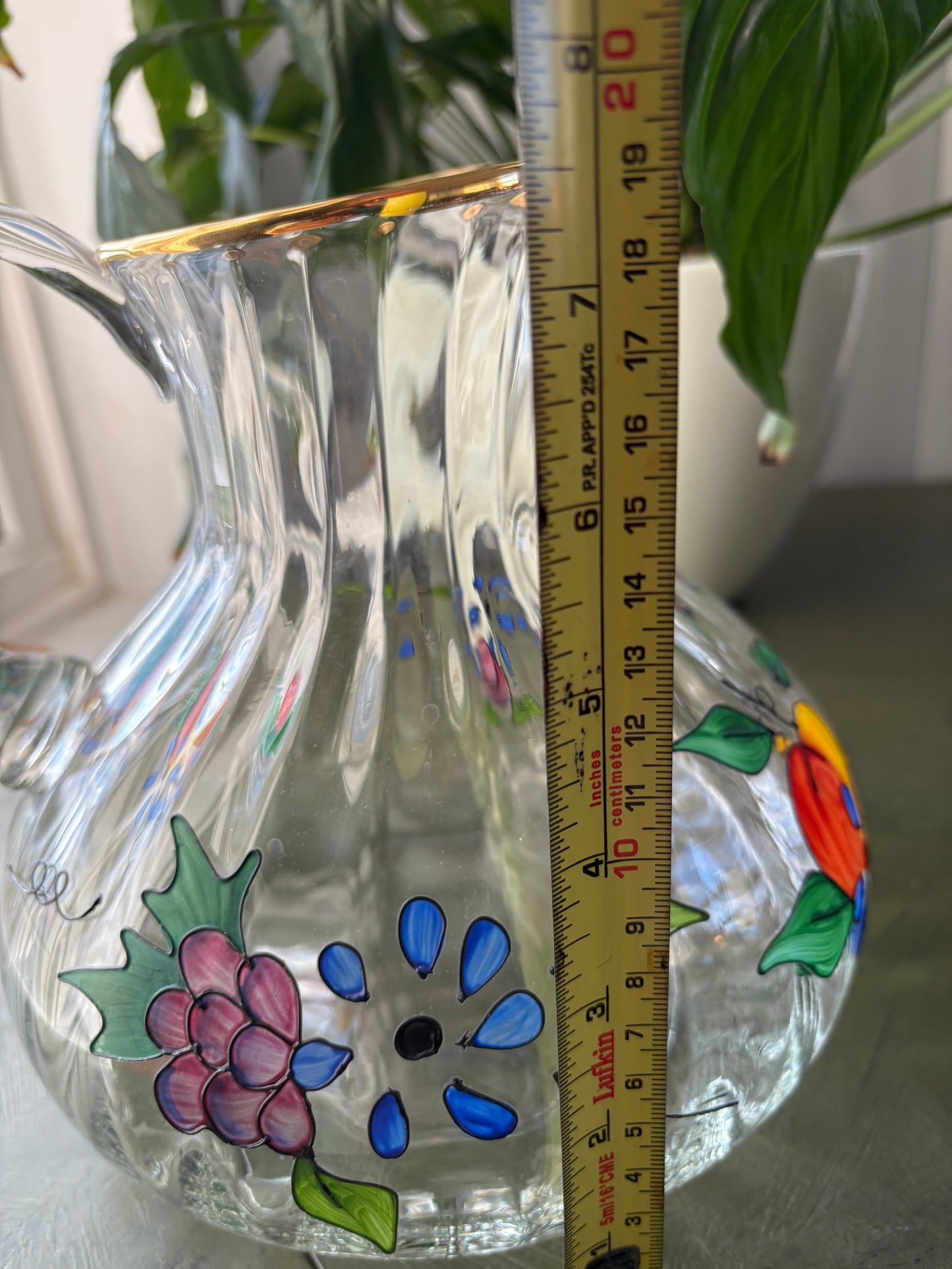 PAINTED FRUIT GLASS PITCHER