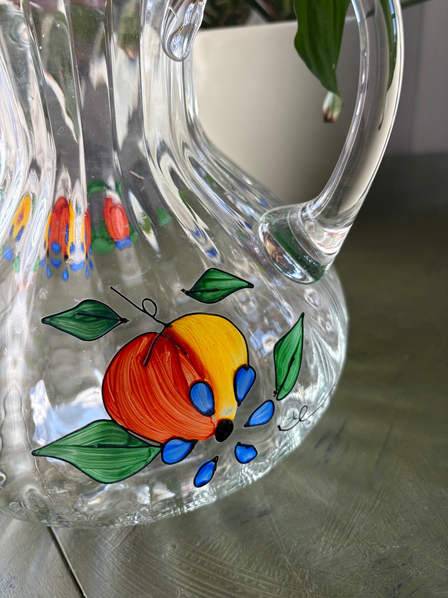 PAINTED FRUIT GLASS PITCHER
