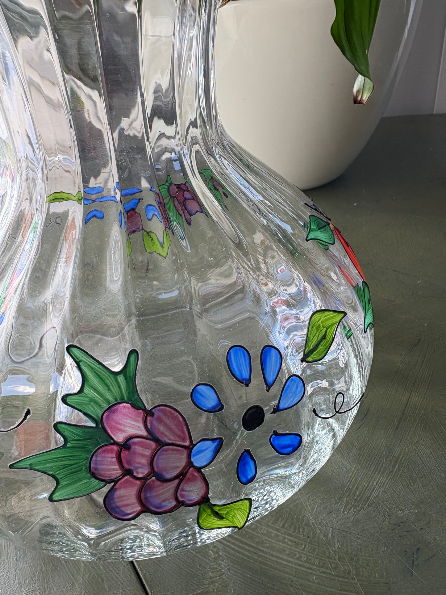 PAINTED FRUIT GLASS PITCHER