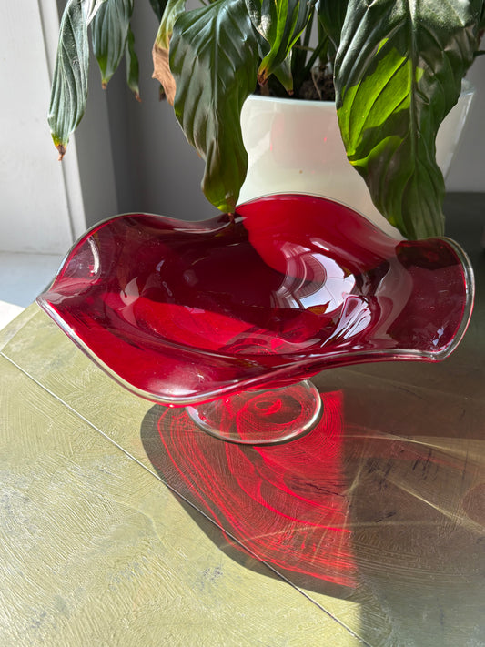 RED GLASS PEDASTAL DISH