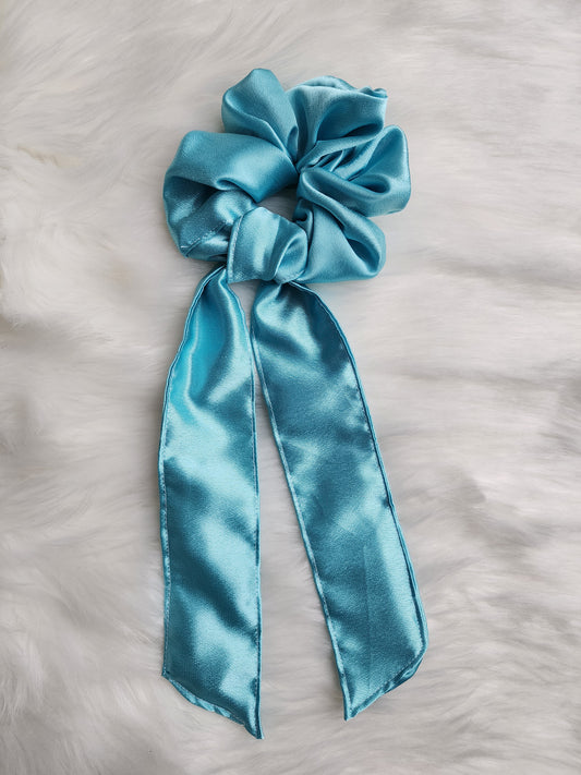 AQUA SATIN BOW SCRUNCHIE