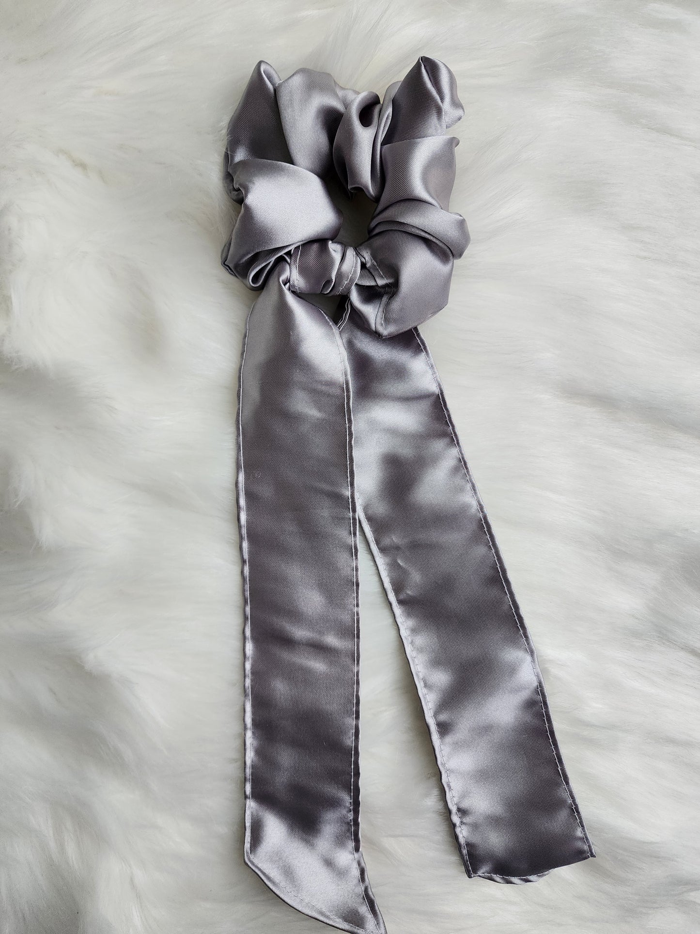 GREY SATIN BOW SCRUNCHIE