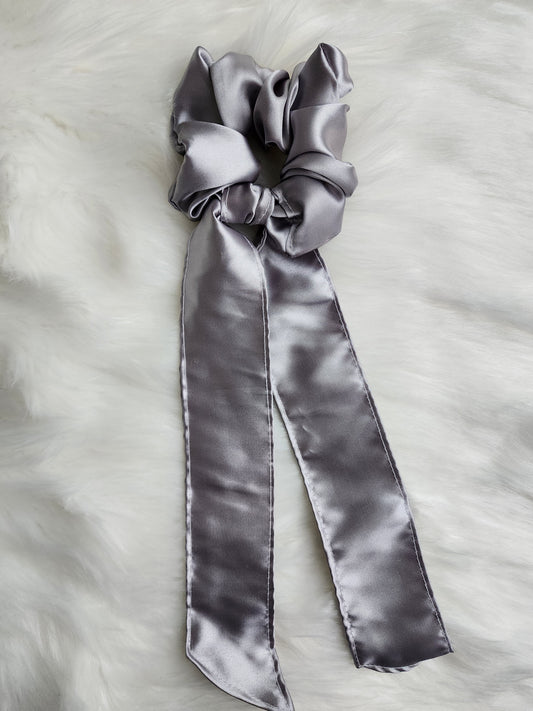 GREY SATIN BOW SCRUNCHIE