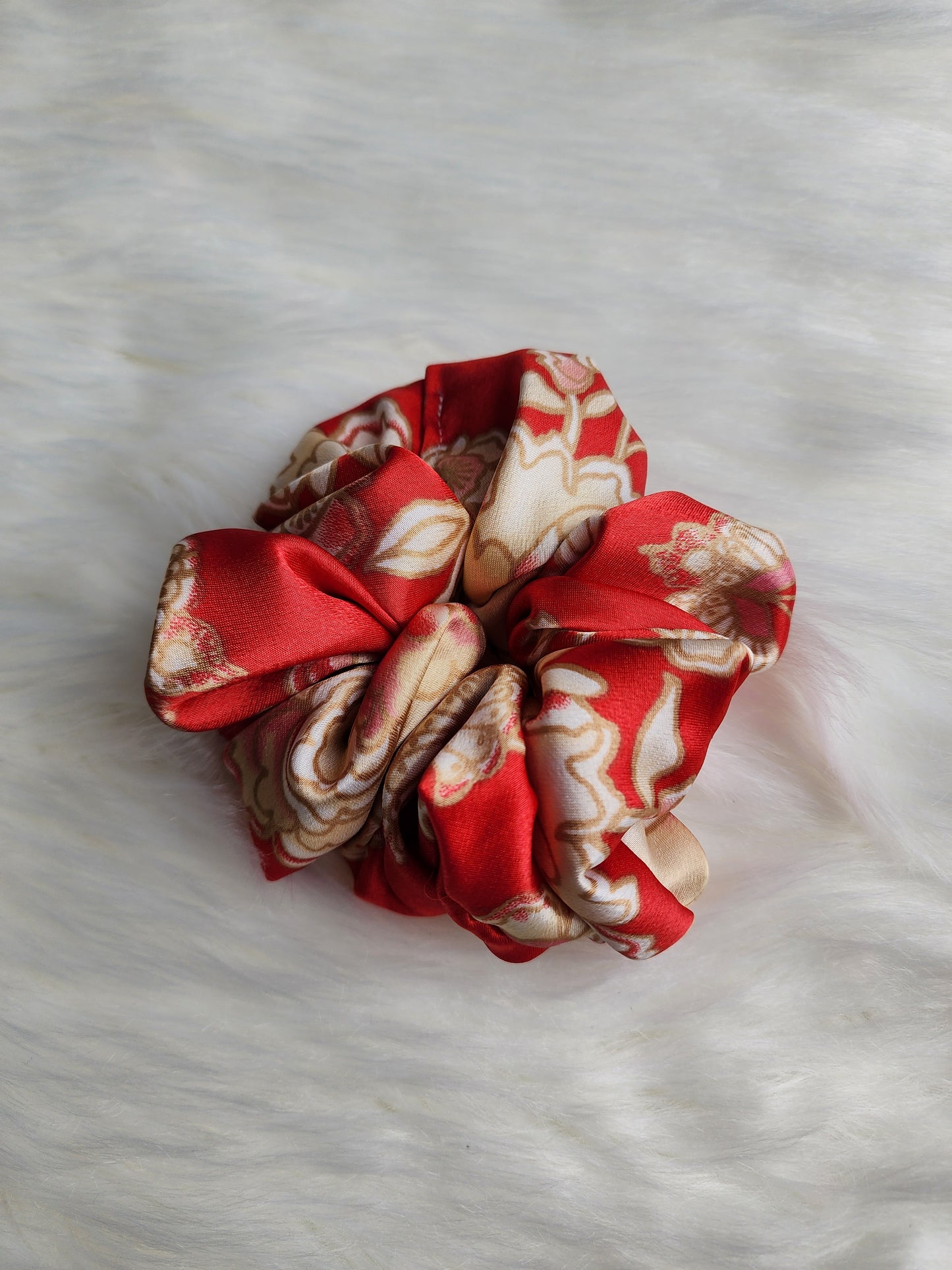 FLORAL RED SATIN SCRUNCHIE